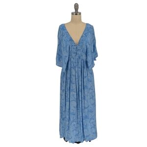 01358 Hinge Floral Kimono Sleeve Maxi Dress Blue size Small resortwear bohemian